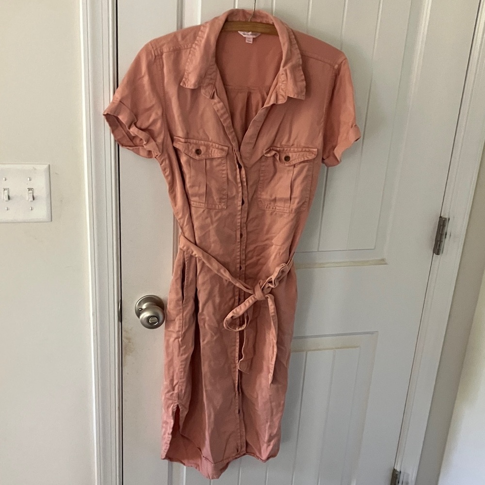 Elegant Peach Midi Dress with Belt